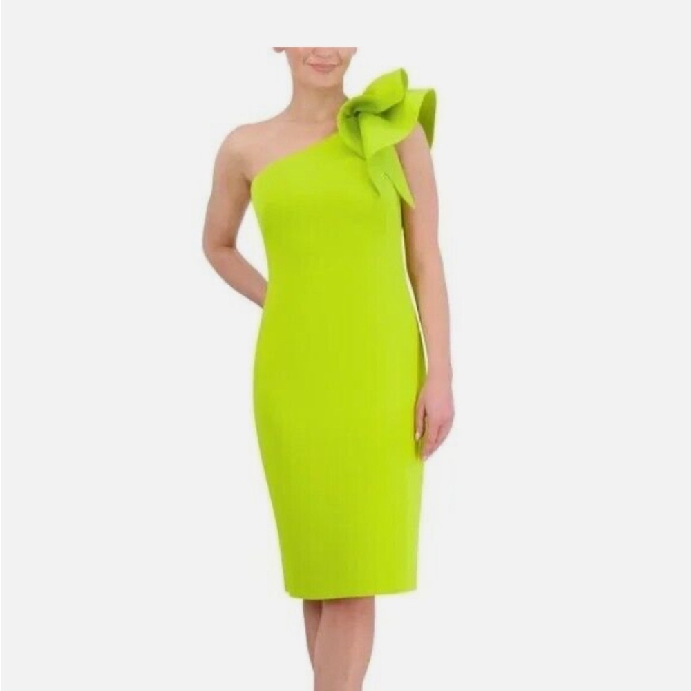 One-Shoulder Lime Green Jessica Howard Dress with Bow Accent